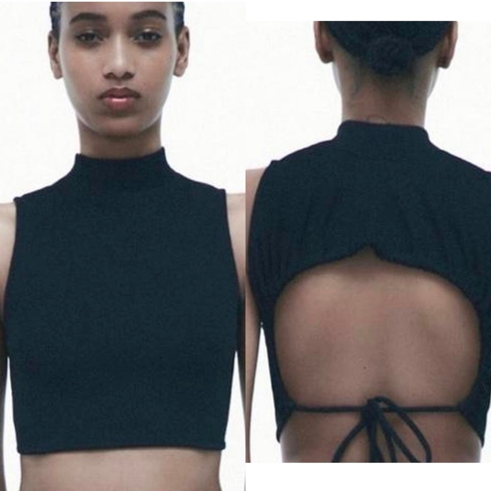 Zara Black Cropped Ribbed Mock Turtleneck Open Back Sleeveless Top Size Medium